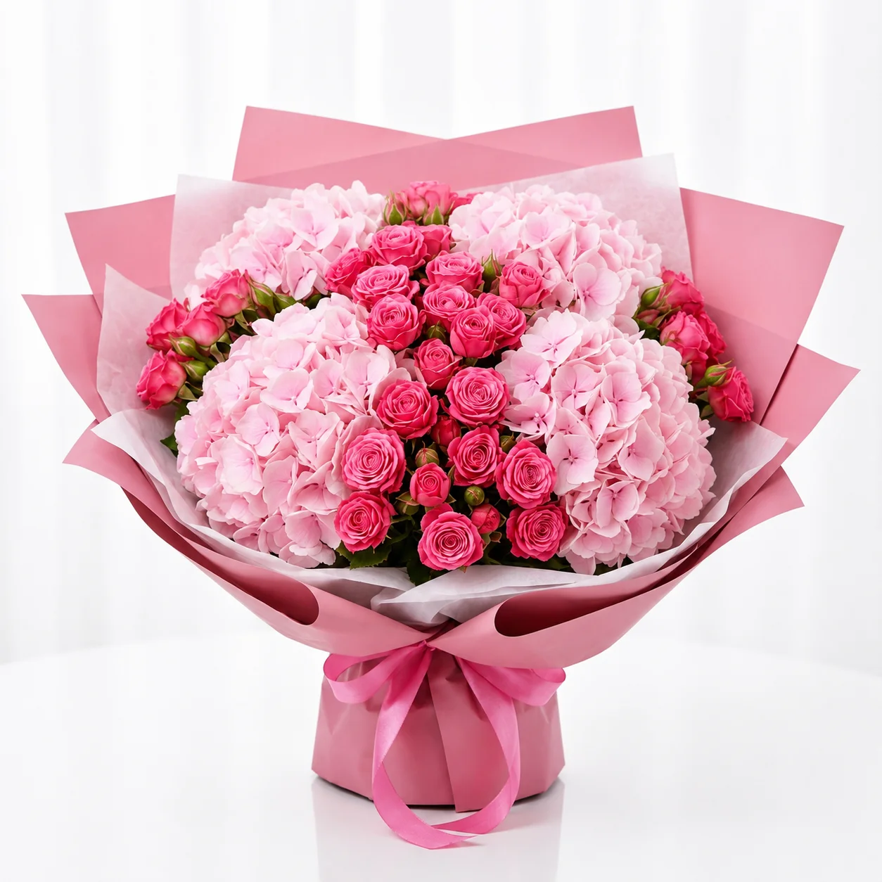 Fresh 7 pink spray roses and 4 pink hydrangeas bouquet wrapped in premium floral paper with satin ribbon